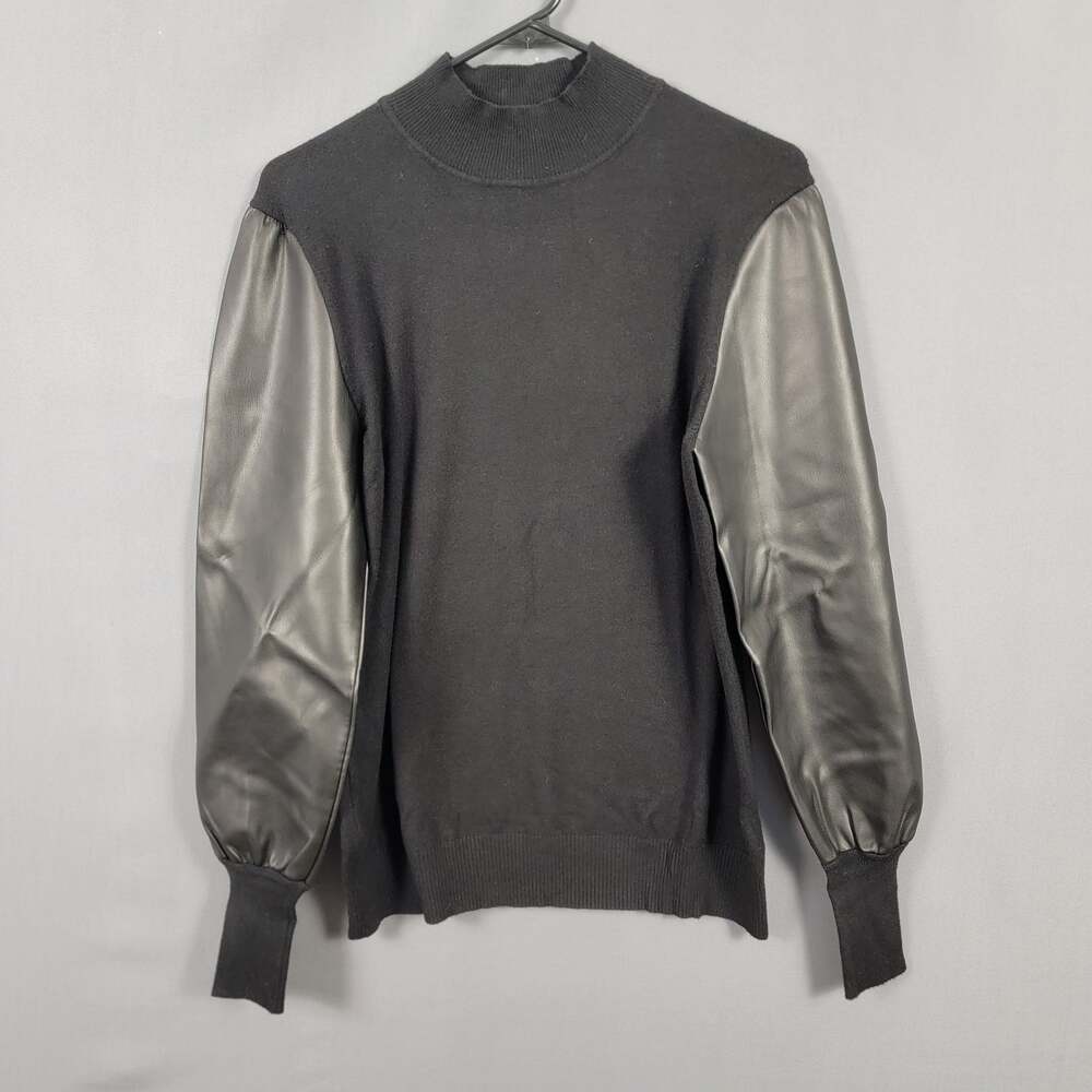 Black Mixed Media Mock Neck Sweater Faux Leather Sleeve Knit Top S